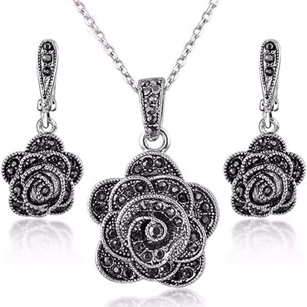 Vintage Black Crystal Geometric Rose Flower Necklace Earrings Jewelry Set - Picture 1 of 7